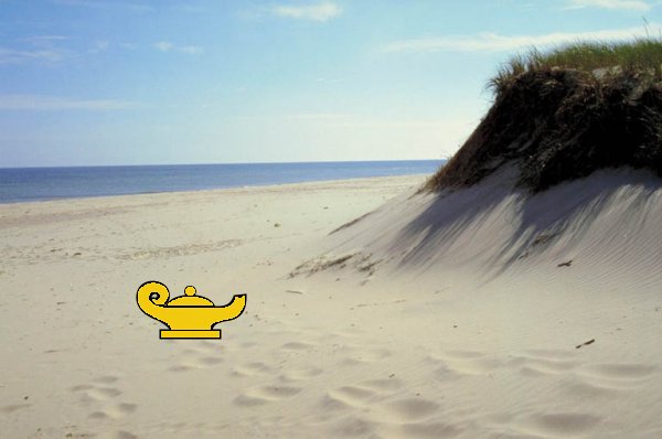 Beach with a gold lamp in the sand