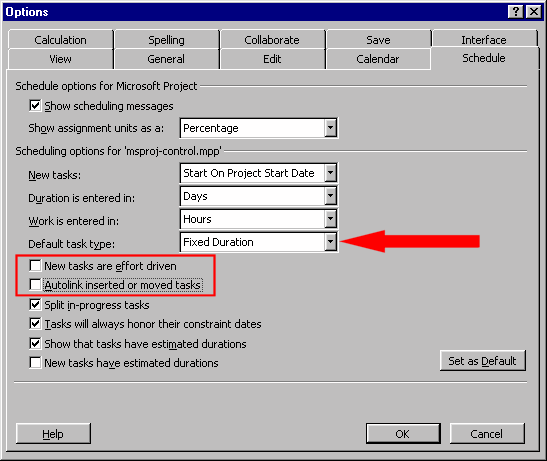 Screen shot of the configuration dialog box in MS Project, as found under Tools...Options...Schedule. The options for default task type, effort-driven, and autolinking tasks are highlighted.