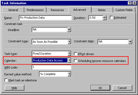 screen capture of the task information dialog box the advanced tab is selected and