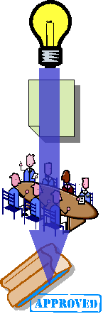 Process flow showing an arrow from a lightbulb to a document to a group discussion to an approval stamp